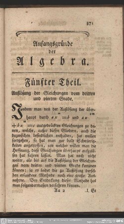 Fünfter Theil. Auflösung der Gleichungen vom dritten und vierten Grade