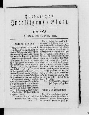 11tes Stück, Ausgabe vom 16. März 1810