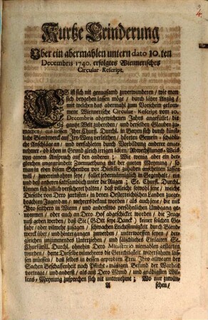 Kurtze Erinderung Uber ein abermahlen untern dato 10.ten Decembris 1740. erfolgtes Wiennerisches Circular-Rescript