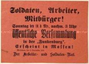 Aufruf des Merseburger Arbeiter- und Soldatenrates zu einer Versammlung am 10. November 1918