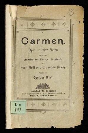 Carmen : Oper in vier Akten nach einer Novelle von Prosper Merimée