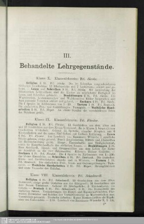 III. Behandelte Lehrgegenstände