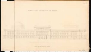 Preußisches Parlament, Berlin Schinkelwettbewerb 1868: Aufriss Straßenansicht Universitätsstraße; Maßstabsleiste