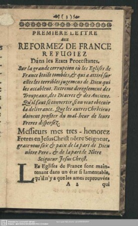 Premiere Lettre Aux Reformez De Fance Refugiez Dans les Etats Protestans