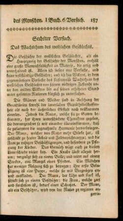 Sechster Versuch. Das Wachsthum des weiblichen Geschlechts