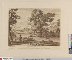 [Landschaft mit zwei Hirtinnen und kleiner Herde am Flusse.]