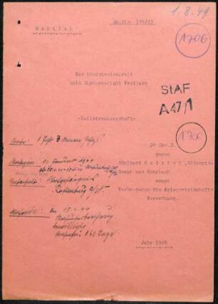Angeklagte: Hettich, Anna Franziska; Rohrbach *26.07.1901 in Schönwald; + ? Hettich, Adelbert (Altvogtsbauer); Rohrbach *29.03.1896 in Rohrbach; + ? Delikt: Verbrechen gegen die Kriegswirtschaftsverordnung Schwarzschlachtung Tatort: Rohrbach Tatzeit: Winter 1941/1942 - Winter 1942/1943