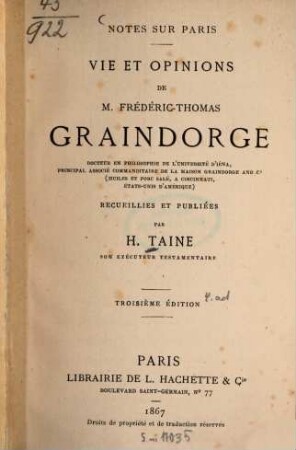 Vie et opinions de M. Frédéric-Thomas Graindorge ... : notes sur Paris