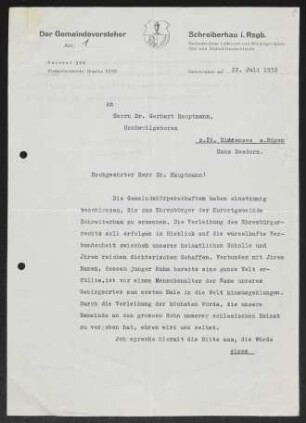 Brief von ... Grieger von Schreiberhau / Bürgermeister, Schreiberhau / Kurdirektor an Gerhart Hauptmann