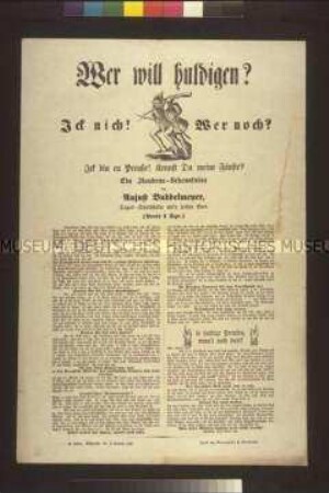 Satirisches Flugblatt: Wer will huldigen (Aujust Buddelmeyer)