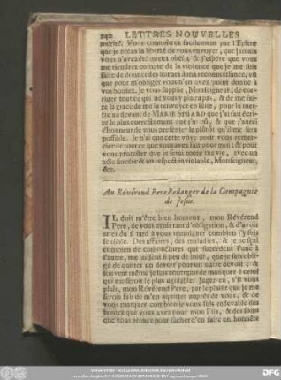 Au Révérend Pere Bellanger de la Compagnie de Jesus.