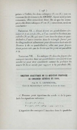 Solution analytique de la question proposée au concours général en 1889.