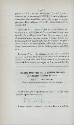 Solution analytique de la question proposée au concours général en 1889.
