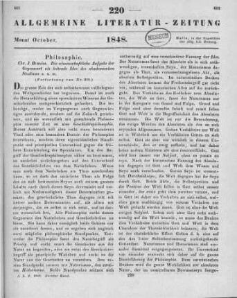 Braniss, C. J.: Die wissenschaftliche Aufgabe der Gegenwart als leitende Idee im akademischen Studium. Hodegetische Vorträge. Breslau: Gosohorsky 1848 (Fortsetzung von Nr. 219)