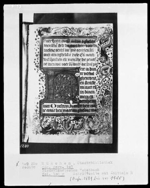 Niederländisches Gebetbuch mit Kalender der Diözese Utrecht — Initiale H und Vollbordüre, Folio 108recto