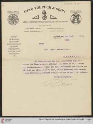 Briefe von Otto Toepfer an Max Wolf: Brief von Werkstätten für Wissenschaftliche Instrumente Otto Toepfer & Sohn (Potsdam) an Max Wolf