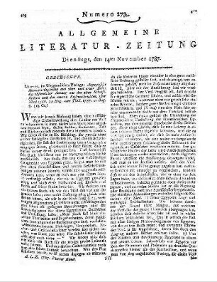 Ägyptische Merkwürdigkeiten aus alter und neuer Zeit. T. 1- 2. Ein raisonnierter Auszug aus Herodots, Diodors, Strabo's, Plutarchs und andrer alten Schriftsteller Werken und aus den neuern Reisenachrichten Shaws, Pococks, Nordens, Niebuhrs und Savary's. Leipzig: Weygand 1786-87