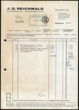 Firmenbriefkopf Reichwald, J.G., Baubeschlag - Großhandlung