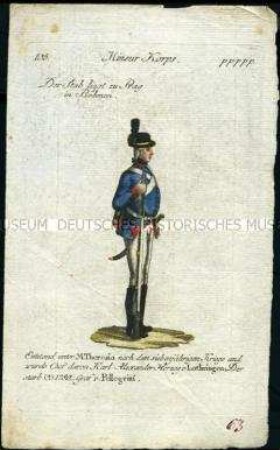 Uniformdarstellung, Gemeiner des Mineur-Korps, Österreich, 1796. Tafel aus: Geschichte und bildliche Vorstellung der Regimenter des Erzhauses Österreich.