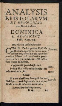 Analysis Epistolarum Et Evangeliorum Dominicalium.