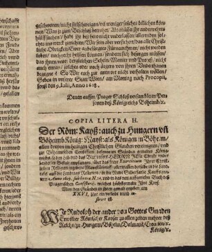 H4r-I4v, Copia Litera H. Der Römisch Kayserlichen auch zu Hungern und Böheimb König...