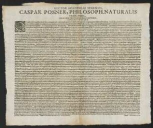 Rector Academiae Jenensis, Caspar Posner, Philosoph. Naturalis Prof. Publ. Una Cum Professoribus Caeteris, Civitati Suae S. P. D.
