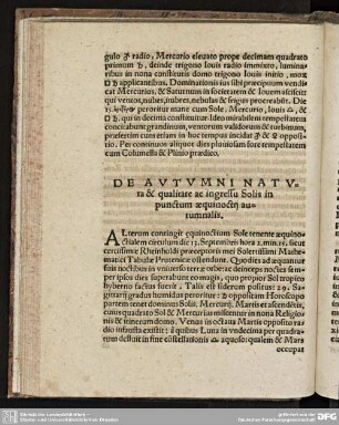 DE AVTVMNI NATVra & qualitate ac ingressu Solis in punctum aequinoctrij autumnalis.