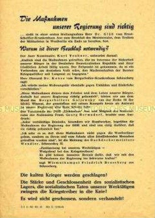 Flugblatt mit positiven Stellungnahmen von Werktätigen aus Aue zu den Grenzsicherungsmaßnahmen der DDR-Regierung vom 13. August 1961