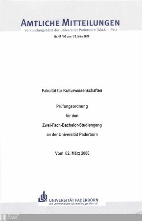 Prüfungsordnung für den Zwei-Fach-Bachelor-Studiengang an der Universität Paderborn : vom 02. März 2006