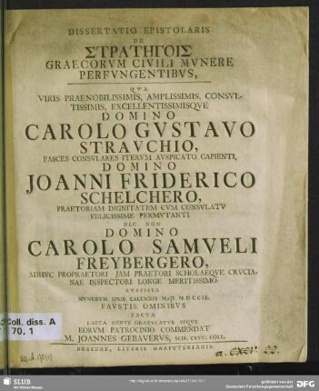Dissertatio Epistolaris De Stratēgois Graecorum Civili Munere Perfungentibus