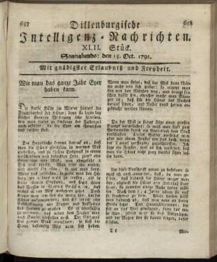 XLII. Stück. Sonnabends: den 15. Oct. 1791.