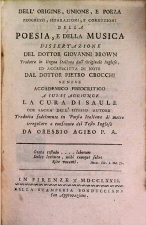 Dell'origine, unione, e forza, progressi, separazioni, e corruzione della poesia, e della Musica