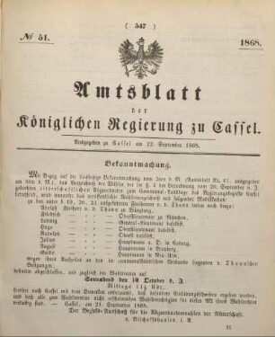 № 51. Ausgegeben zu Cassel am 22. September 1868.