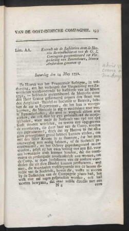 Litt. AA. Extract uit de resolutien door de heeren bewindhebberen van de O. I. Compagnie ...