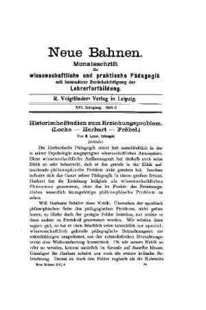 Historische Studien zum Erziehungsproblem : (Locke-Herbart-Fröbel) ; Fortsetzung