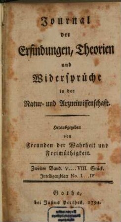 Journal der Erfindungen, Theorien und Widersprüche in der Natur- und Arzneiwissenschaft : hrsg. von Freunden d. Wahrheit u. Freimüthigkeit, 2. 1794