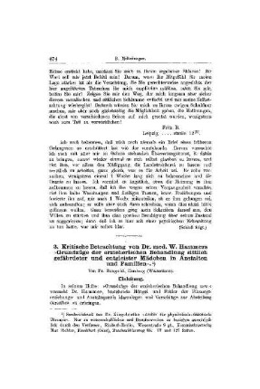 Kritische Betrachtung von Dr. med. W. Hammers Grundzüge der erzieherischen Behandlung sittlich gefährdeter und entgleister Mädchen in Anstalten und Familien : [Mitteilungen]
