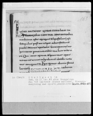 Bibliorum pars finalis, Pauli epistolae, Actus apostolorum, Epistolae canonicae, Apocalypsis — Initiale L(ucas natione), Folio 163recto
