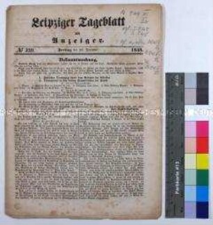 Tageszeitung Leipziger Tageblatt und Anzeiger, Nr. 329, mit Beilage und Bekanntmachung über den Ablauf der Trauerfeierlichkeiten für Robert Blum (Druckbogen)
