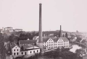Bautzen, Vereinigte Papierfabriken. Blick von Norden über die Spree