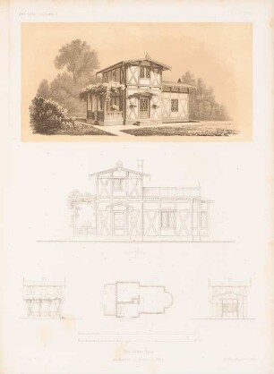 Torwärterhaus, Ozorkow: Grundriss, Perspektivische Ansicht, Vorderansicht, Seitenansichten (aus: Architektonisches Skizzenbuch, H. 23, 1855)