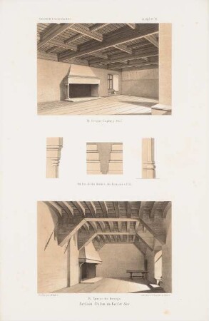 Schloss Chillon am Genfer See, Montreux: Perspektivische Innenansichten großer Empfangssaal, Zimmer des Herzogs, Details (aus: Atlas zur Zeitschrift für Bauwesen, hrsg. v. G. Erbkam, Jg. 10, 1860)