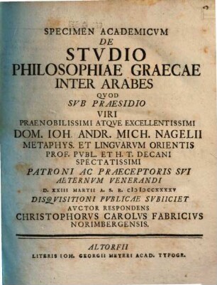 Specimen Academicvm De Stvdio Philosophiae Graecae Inter Arabes