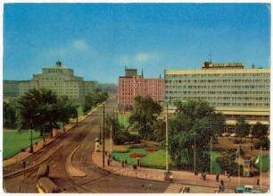 Messestadt Leipzig: Blick vom Hauptbahnhof in die Goethestraße : Oper, Chemiehaus, Hotel "Stadt Leipzig"