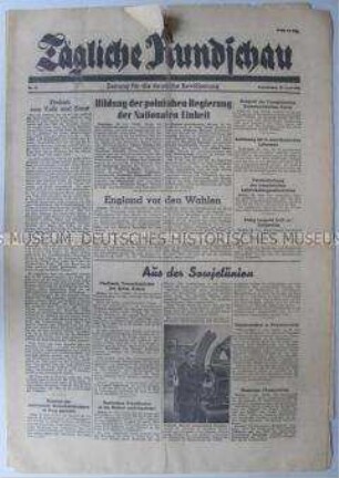 Sowjetische Tageszeitung für die deutsche Bevölkerung "Tägliche Rundschau" u.a. mit einem Bericht über die Regierungsbildung in Polen und die bevorstehenden Wahlen in England
