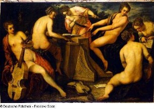 Musizierende Frauen : Tintoretto, Jacopo: Musizierende Frauen. Öl auf Leinwand; 42 x 214 cm. Dresden: Gemäldegalerie Alte Meister Kat. 1908, Nr. 265