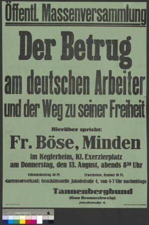 Plakat des Tannenbergbundes zu einer öffentlichen Kundgebung am 13. August 1931 in Braunschweig