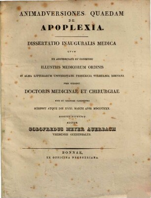 Animadversiones quaedam de apoplexia : diss. inaug. med.