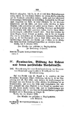 Anrechnung der von Seminarlehrern im Elementar-Schulamt zugebrachten Dienstzeit bei der Pensionirung : [IV. Seminarien, Bildung der Lehrer und deren persönliche Verhältnisse]