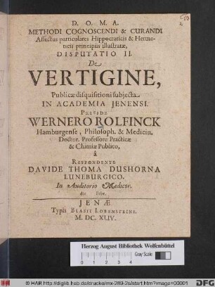 Methodi Cognoscendi & Curandi Affectus particulares Hippocraticis & Hermeticis principiis illustratae, Disputatio II. De Vertigine